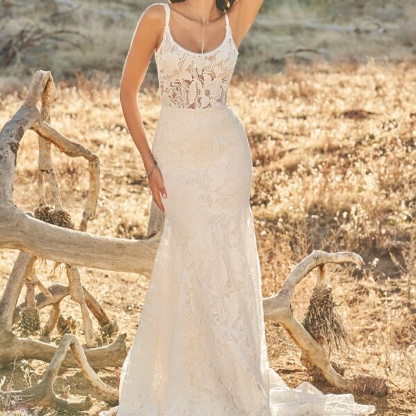 Fit-and-Flare-Kleid mit Rundhalsausschnitt, Allover-Spitze und Chiffon-Trägern