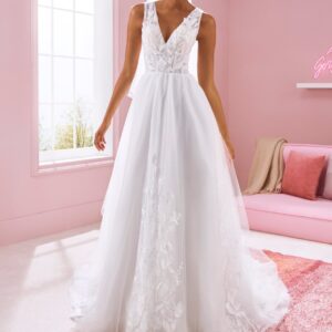 Brautkleid mit Pünktchentüll und Spitzenapplikationen, die mit Glitzer besetzt sind
