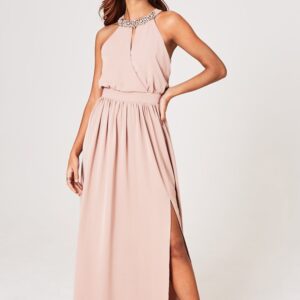 oséfarbenes Abendkleid mit Schlitz und american Shoulter.